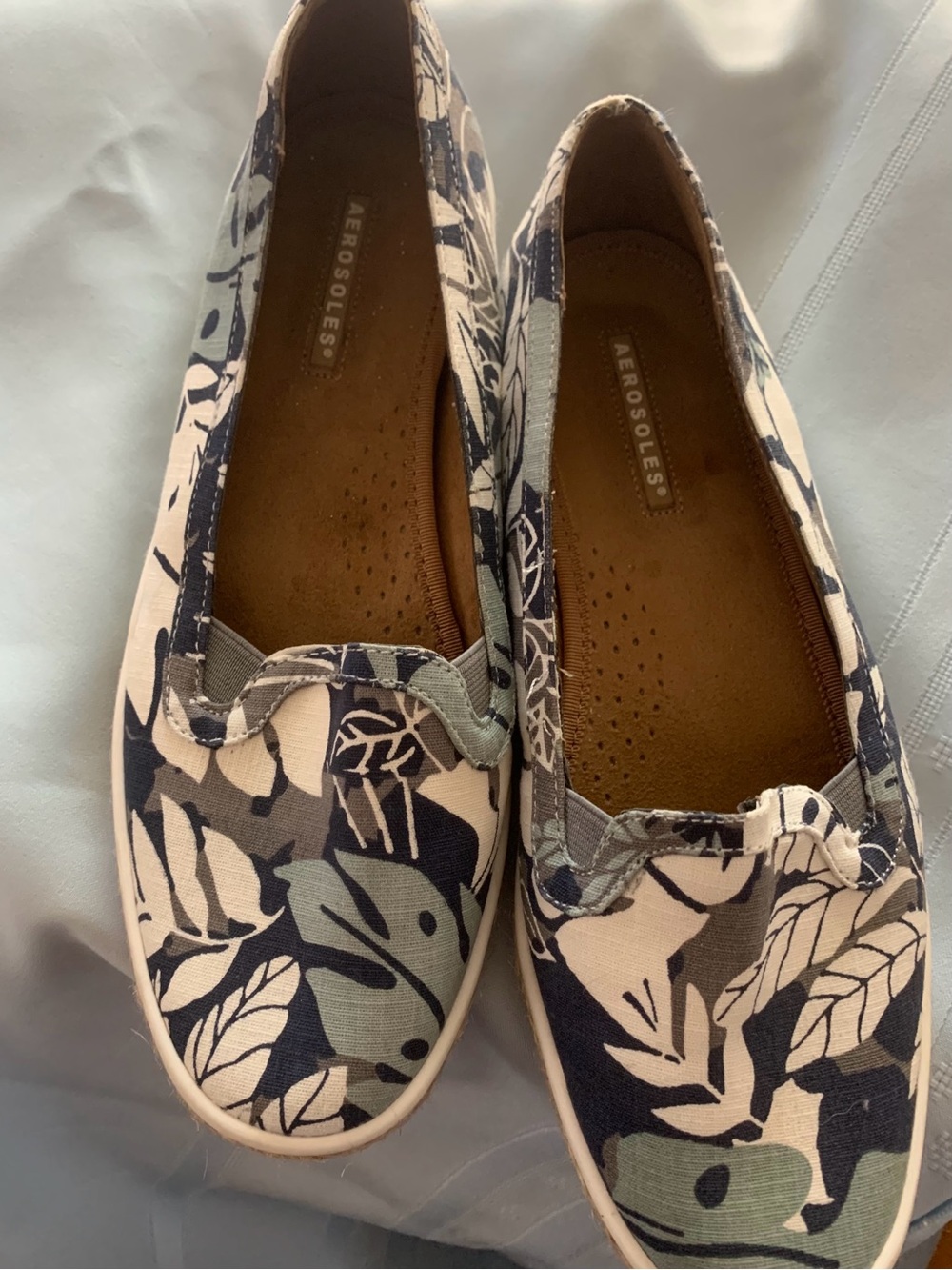 AEROSOLES Navy, Cream & Gray Printed Canvas Slip-On Flats